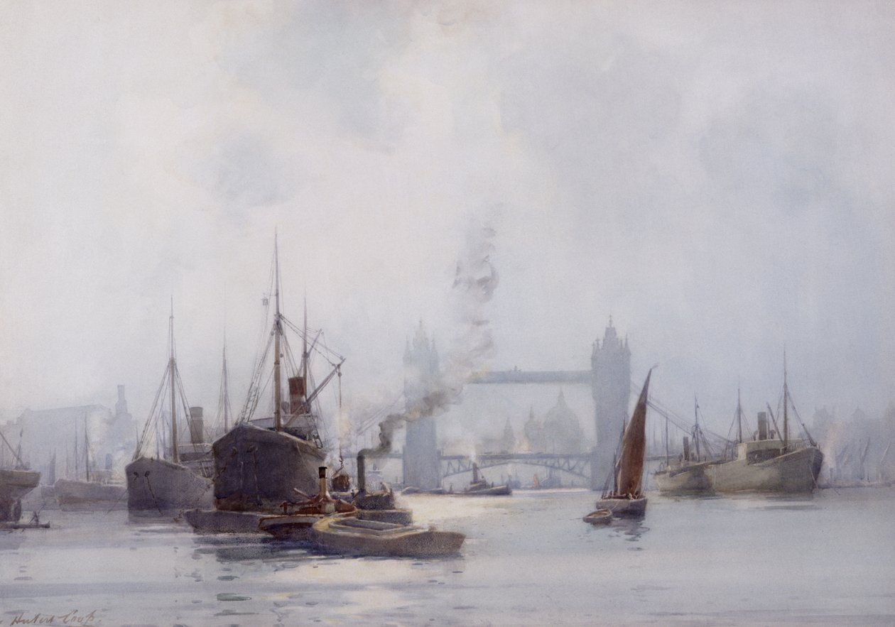 Tower Bridge Lower Poolin puolelta, noin 1925 (vesiväri paperille). tekijältä Hubert Coop