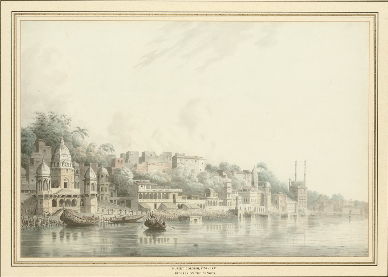 Benares Ganges-joella (lyijykynä, kynä ja muste ja w/c paperilla) tekijältä Hubert Cornish