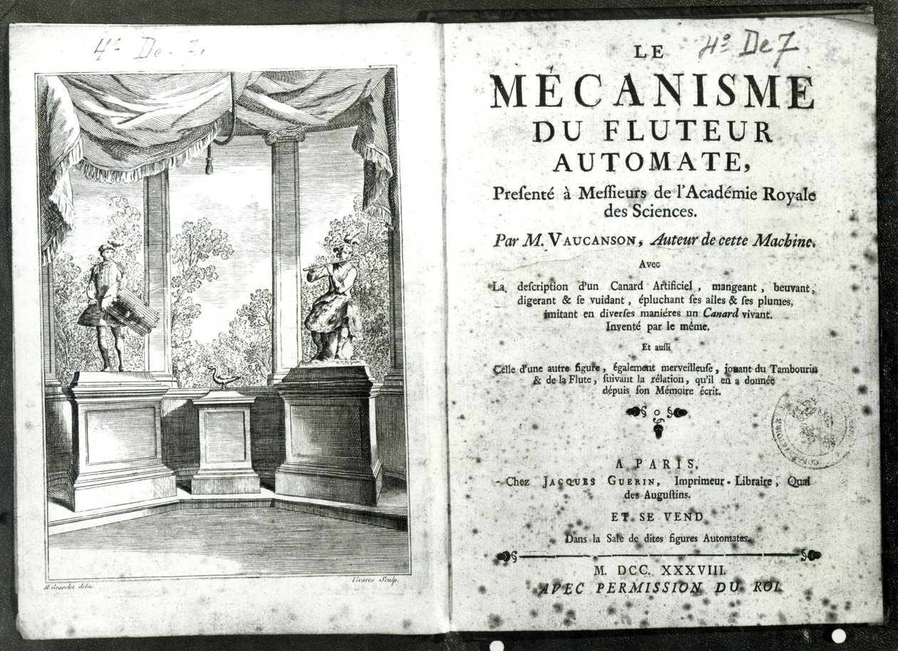 Automaatti, kuva Jacques de Vaucansonin Le Mecanisme du fluteur automate -teoksen etukappaleesta, kaiverrus Francois Vivares (1709-80) 1738 tekijältä Hubert Francois Gravelot