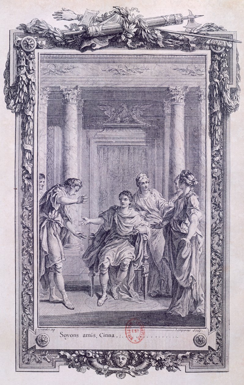 Cinna eli Augustuksen armo, Pierre Corneillen (1606-1684) tragedia, Gravelotin kaiverrus (1699-1773) tekijältä Hubert Francois Gravelot