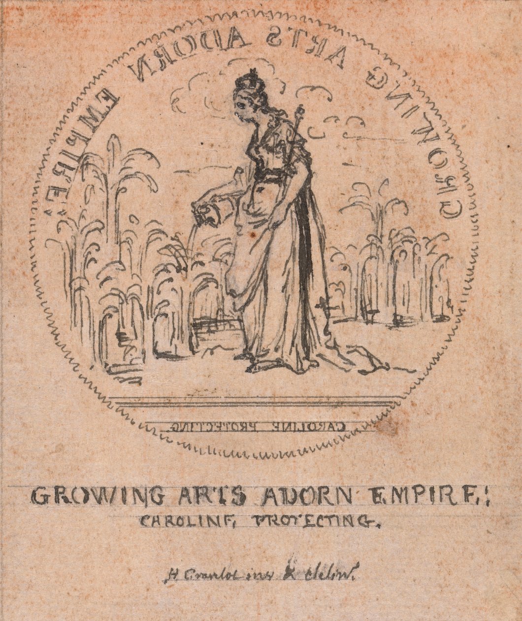Suunnittelu mitalille: Growing Arts Adorn Empire, Caroline Protecting tekijältä Hubert Francois Gravelot