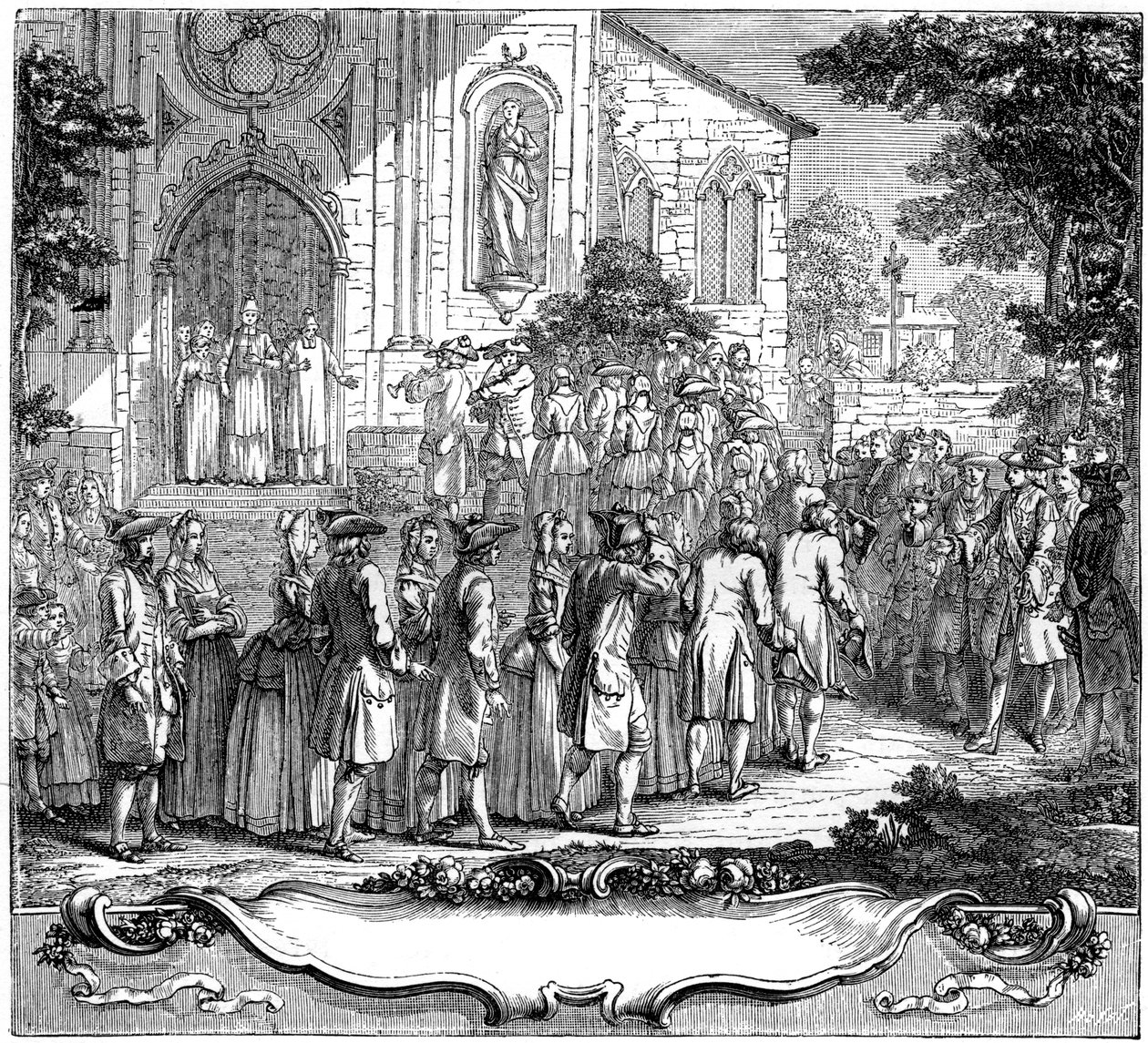 Kymmenen köyhän tytön häät, 1761, 1885. tekijältä Hubert Francois Gravelot