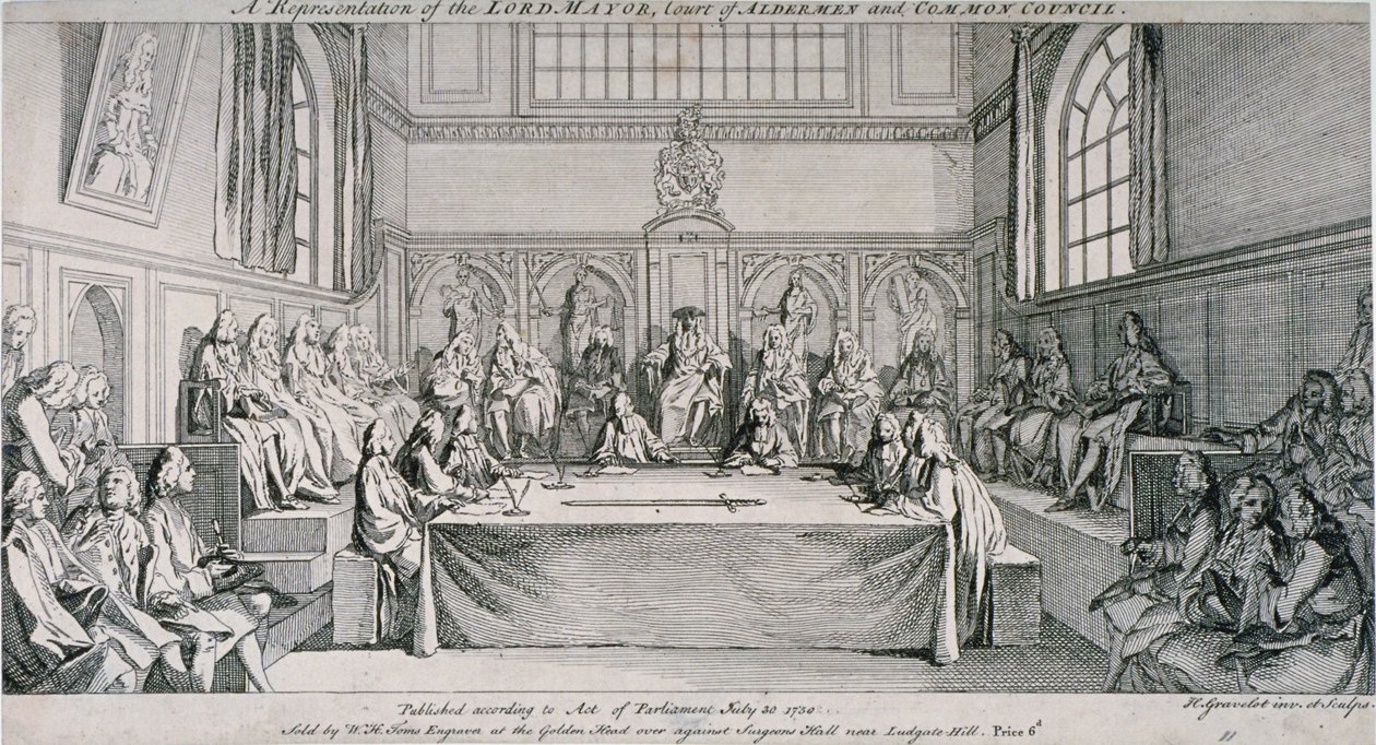 Kokous Guildhall Council Chamberissa Lontoon Cityssä, 1750. tekijältä Hubert Francois Gravelot