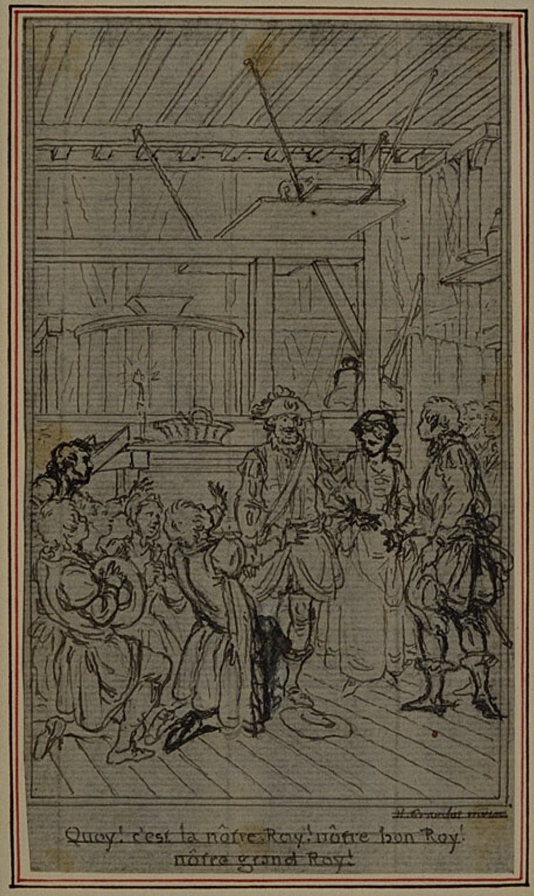 Opinnäytetyö vinjetti-etukuvaa varten Collein teokseen "La Partie de Chasse de Henri IV", III näytös. tekijältä Hubert Francois Gravelot