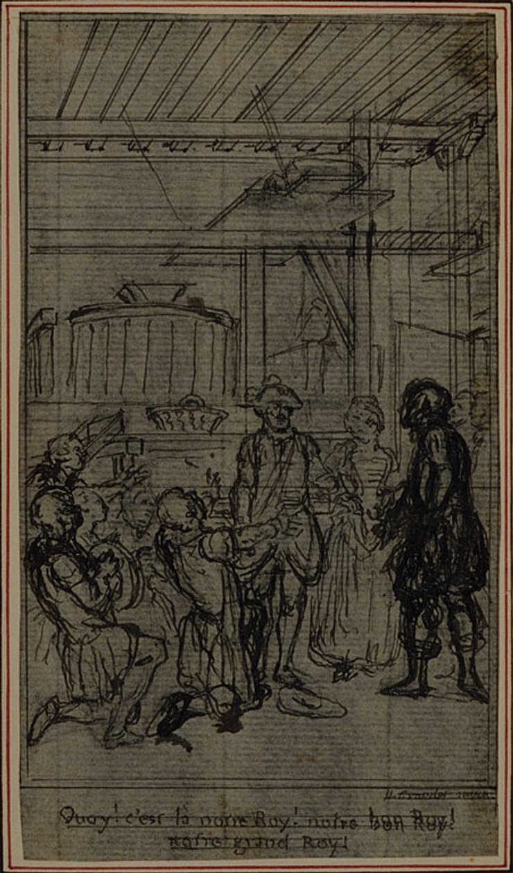 Opinnäytetyö vinjetti-etukuvaa varten Collein teokseen "La Partie de Chasse de Henri IV", III näytös. tekijältä Hubert Francois Gravelot