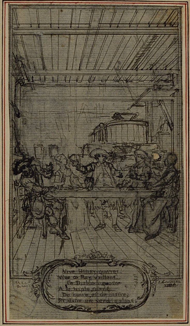 Opinnäytetyö vinjetti-etukuvaa varten Collein teoksesta "La Partie de Chasse de Henri IV", III näytös, Vive Henry Quatre! tekijältä Hubert Francois Gravelot