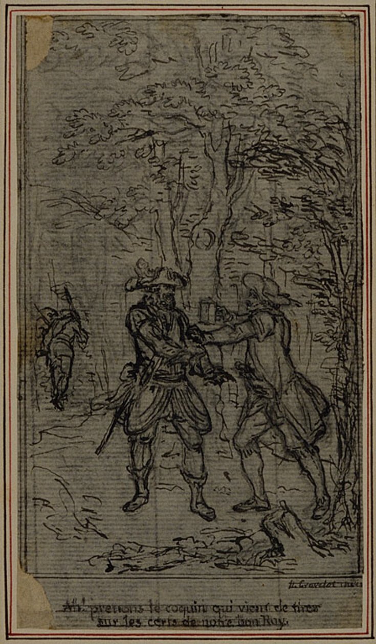 Opinnäytetyö vinjetti-etukuvaa varten Collein teokseen "La Partie de Chasse de Henri IV", II näytös. tekijältä Hubert Francois Gravelot