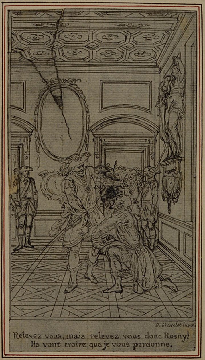 Opinnäytetyö vinjetti-etukuvaa varten Collein teokseen "La Partie de Chasse de Henri IV", I näytös. tekijältä Hubert Francois Gravelot