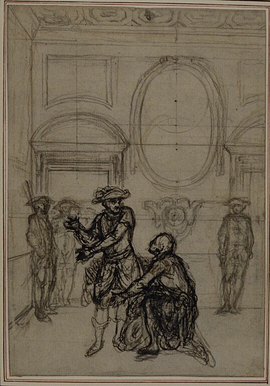 Tutkimus Collein teoksen "La Partie de Chasse de Henri IV" toista, koskaan julkaisematonta painosta varten, I näytös, kohtaus 6. tekijältä Hubert Francois Gravelot