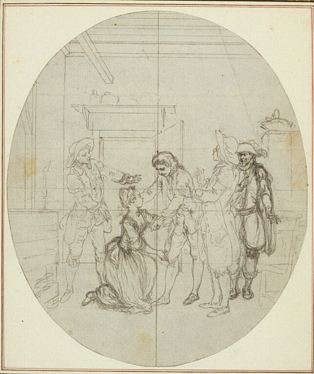 Tutkimus Collein teoksen "La Partie de Chasse de Henri IV" toista, koskaan julkaisematonta painosta varten, III näytös, kohtaus 11. tekijältä Hubert Francois Gravelot