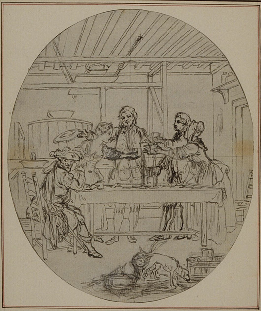 Tutkimus Collein teoksen "La Partie de Chasse de Henri IV" toista, koskaan julkaisematonta painosta varten, III näytös, kohtaus 10. tekijältä Hubert Francois Gravelot