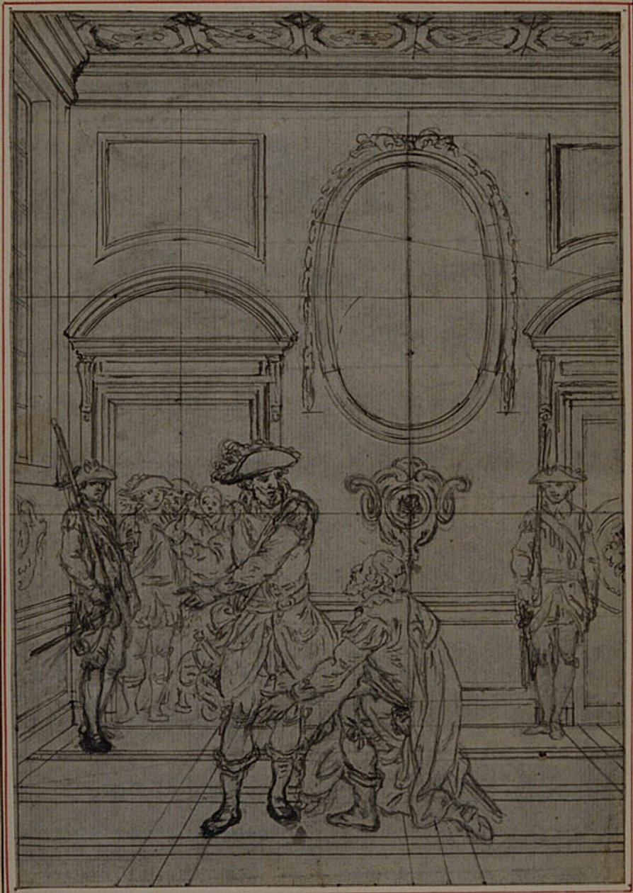 Tutkimus Collein teoksen "La Partie de Chasse de Henri IV" toista, koskaan julkaisematonta painosta varten, I näytös, kohtaus 6. tekijältä Hubert Francois Gravelot