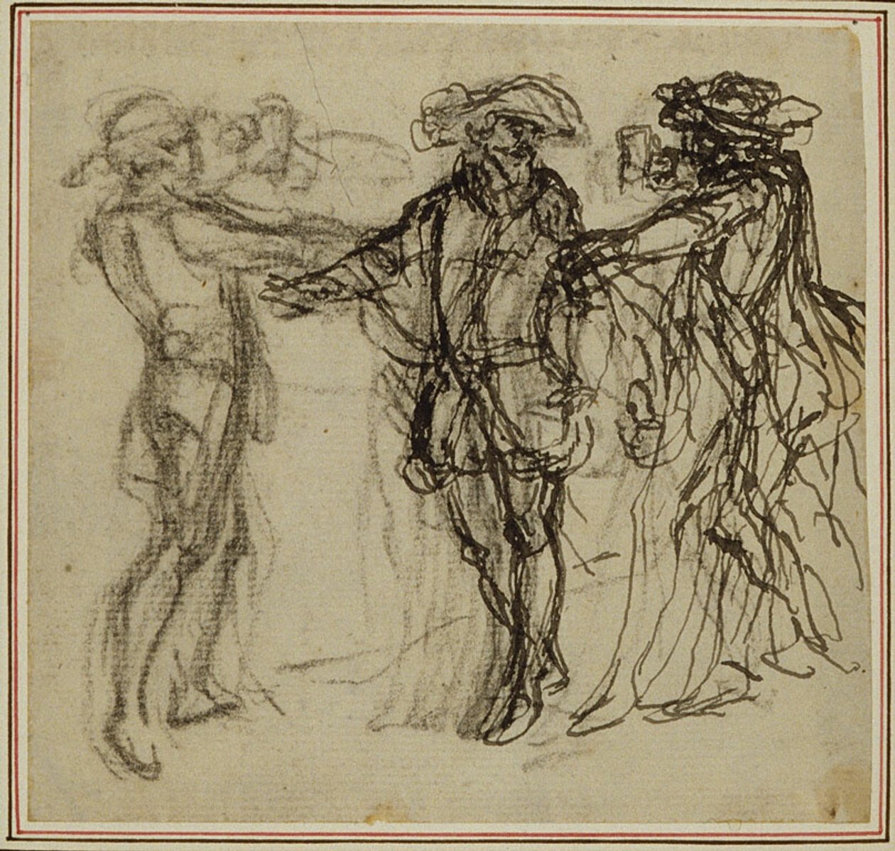 Tutkimus Collein teoksen "La Partie de Chasse de Henri IV" toista, koskaan julkaisematonta painosta varten, II näytös, kohtaus 11. tekijältä Hubert Francois Gravelot
