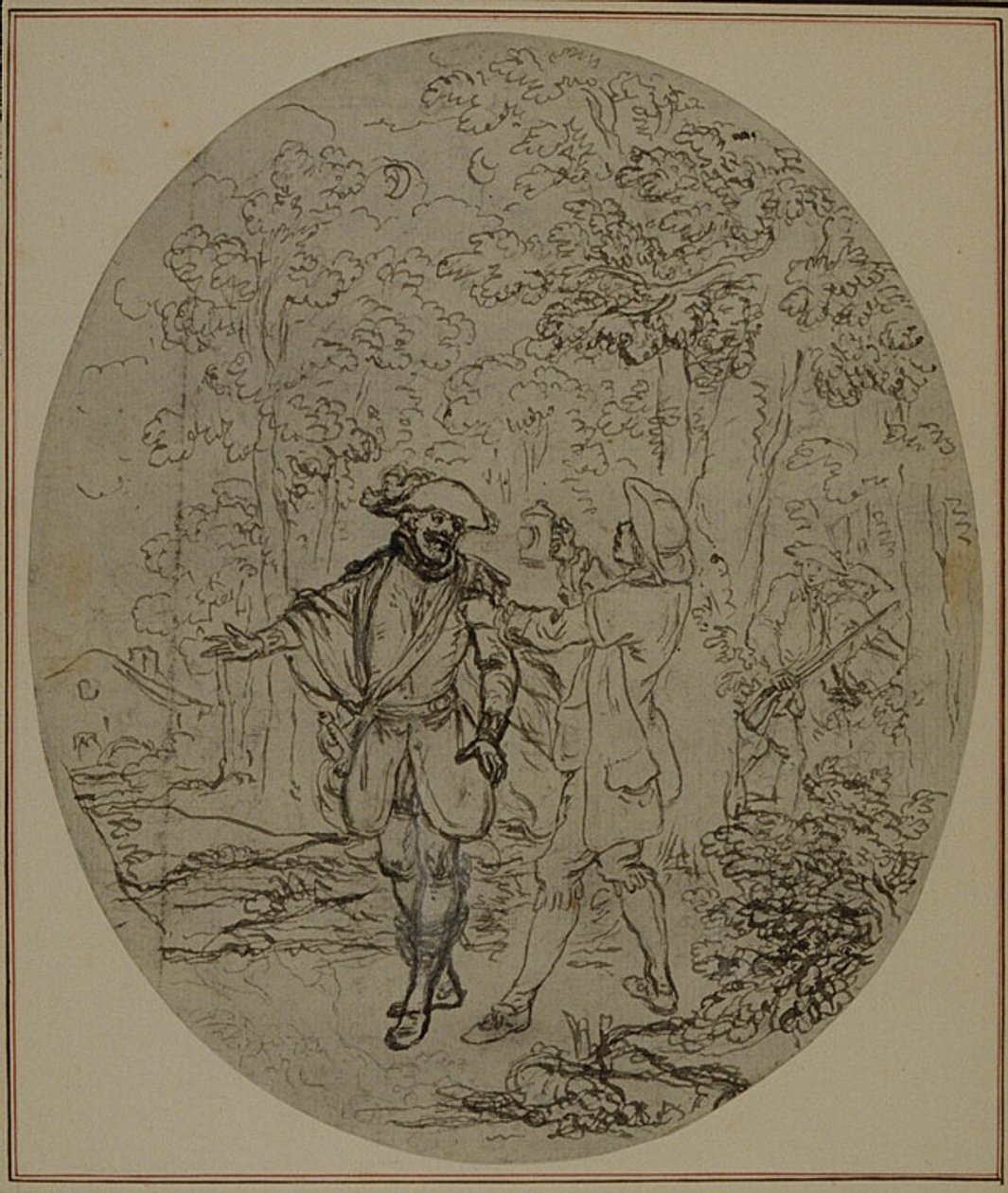 Tutkimus Collein teoksen "La Partie de Chasse de Henri IV" toista, koskaan julkaisematonta painosta varten, II näytös, kohtaus 11. tekijältä Hubert Francois Gravelot