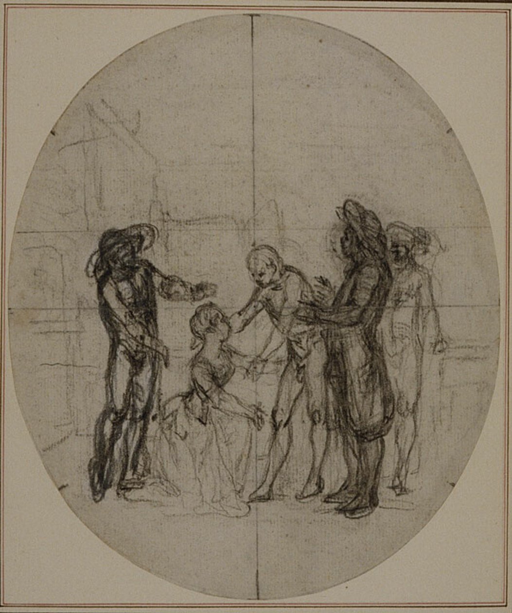 Tutkimus Collein teoksen "La Partie de Chasse de Henri IV" toista, koskaan julkaisematonta painosta varten, III näytös, kohtaus 11. tekijältä Hubert Francois Gravelot