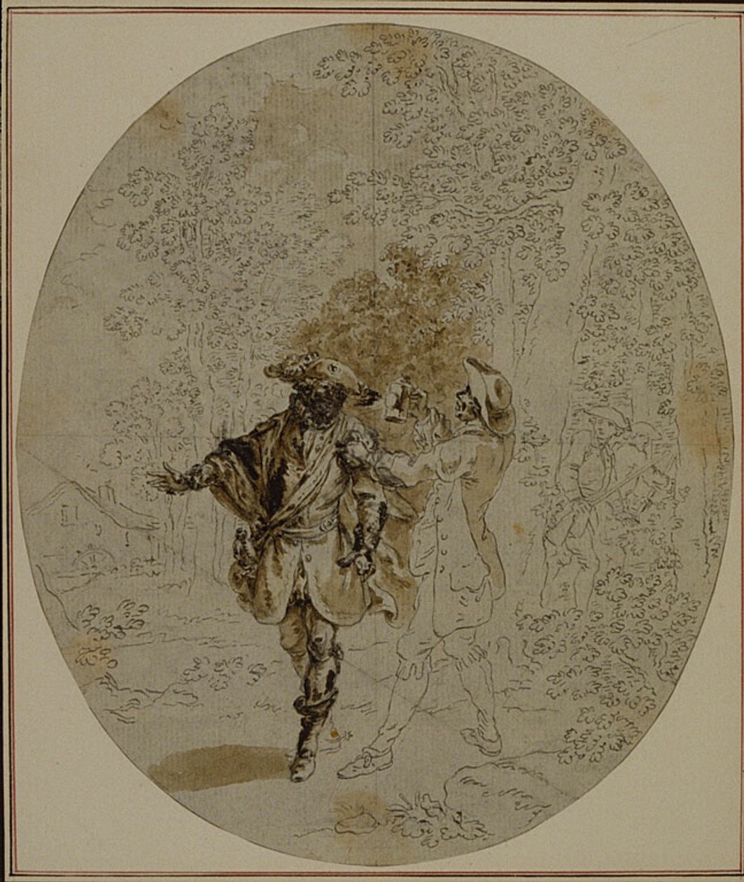 Tutkimus Collein teoksen "La Partie de Chasse de Henri IV" toista, koskaan julkaisematonta painosta varten, II näytös, kohtaus 11. tekijältä Hubert Francois Gravelot