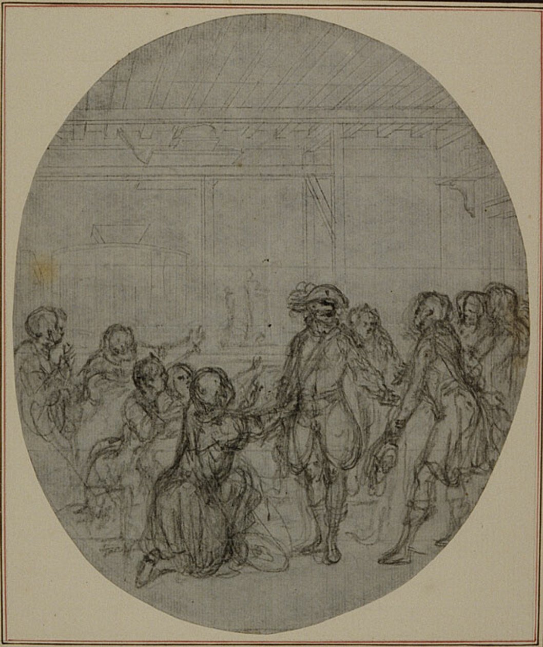 Tutkimus Collein teoksen "La Partie de Chasse de Henri IV" toista, koskaan julkaisematonta painosta varten, III näytös, kohtaus 13. tekijältä Hubert Francois Gravelot