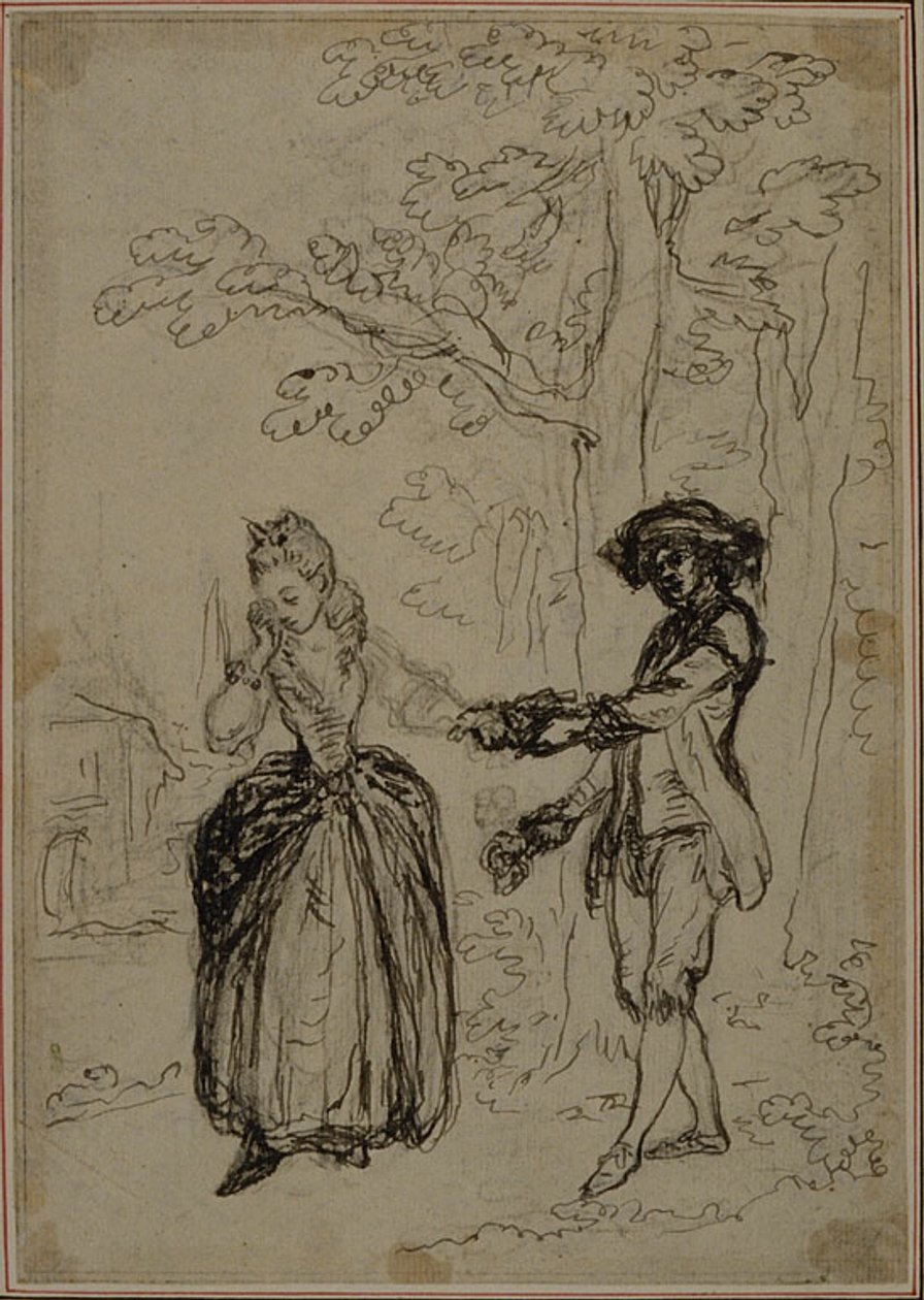 Tutkimus Collein teoksen "La Partie de Chasse de Henri IV" toista, koskaan julkaisematonta painosta varten, II näytös, kohtaus 3. tekijältä Hubert Francois Gravelot