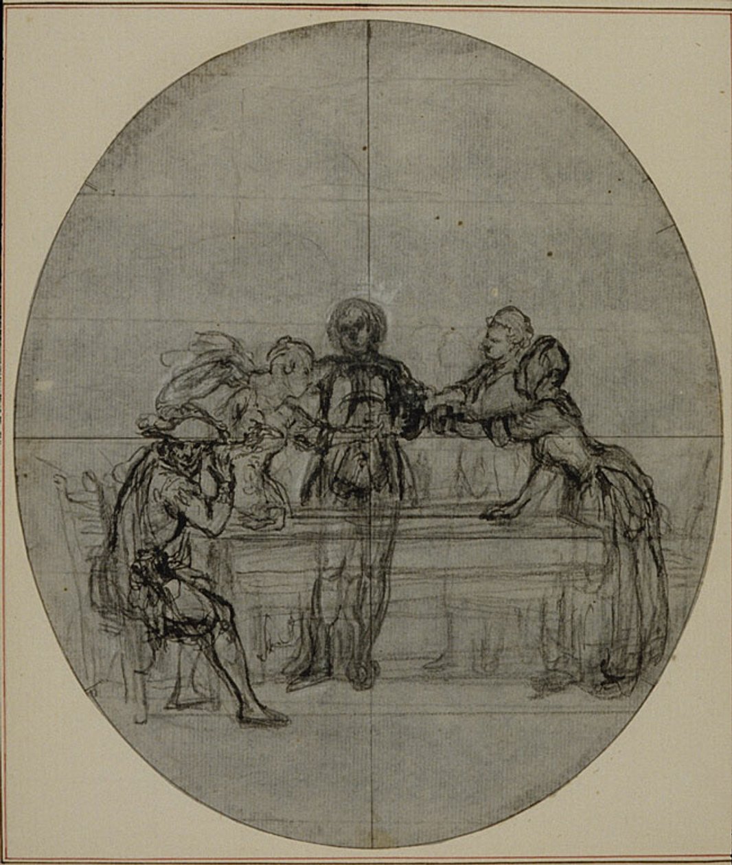 Tutkimus Collein teoksen "La Partie de Chasse de Henri IV" toista, koskaan julkaisematonta painosta varten, III näytös, kohtaus 10. tekijältä Hubert Francois Gravelot