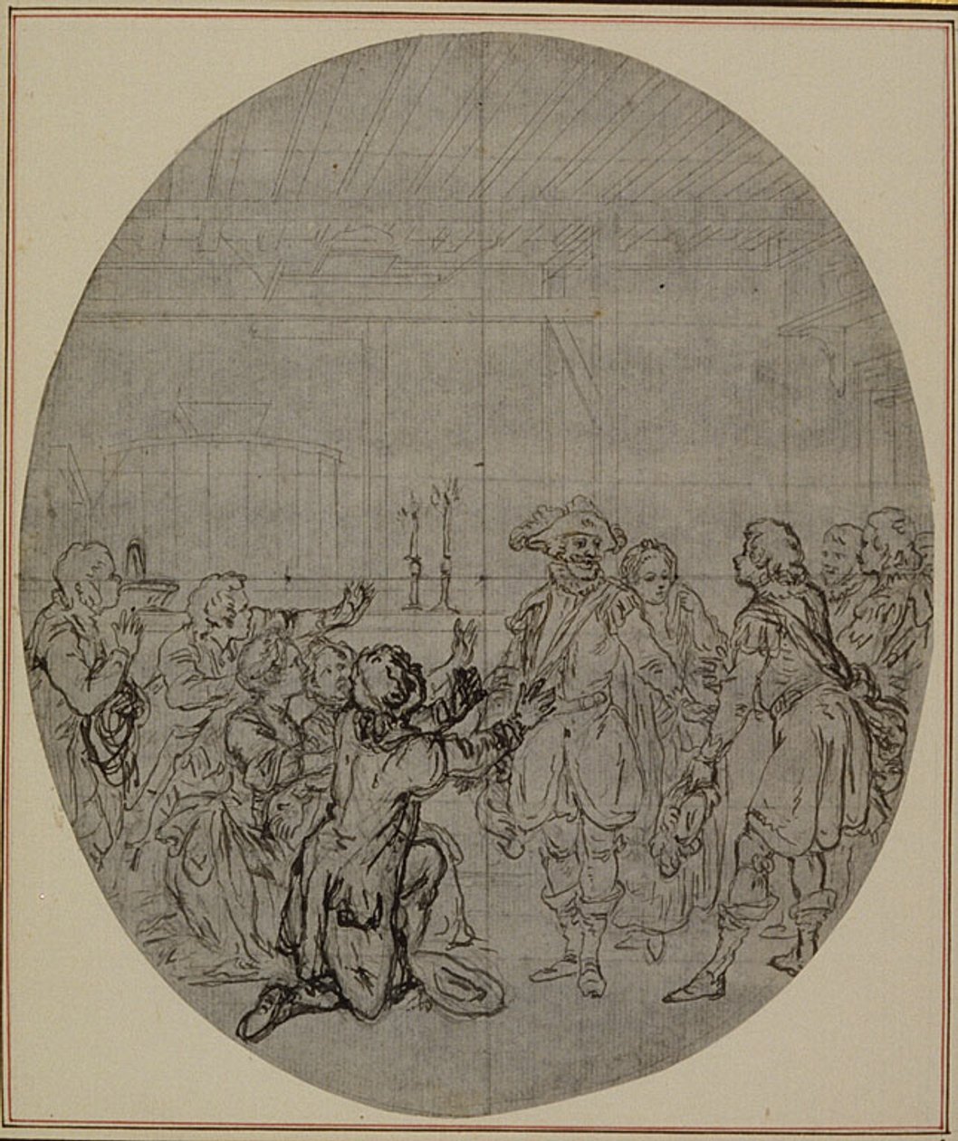 Tutkimus Collein teoksen "La Partie de Chasse de Henri IV" toista, koskaan julkaisematonta painosta varten, III näytös, kohtaus 13. tekijältä Hubert Francois Gravelot