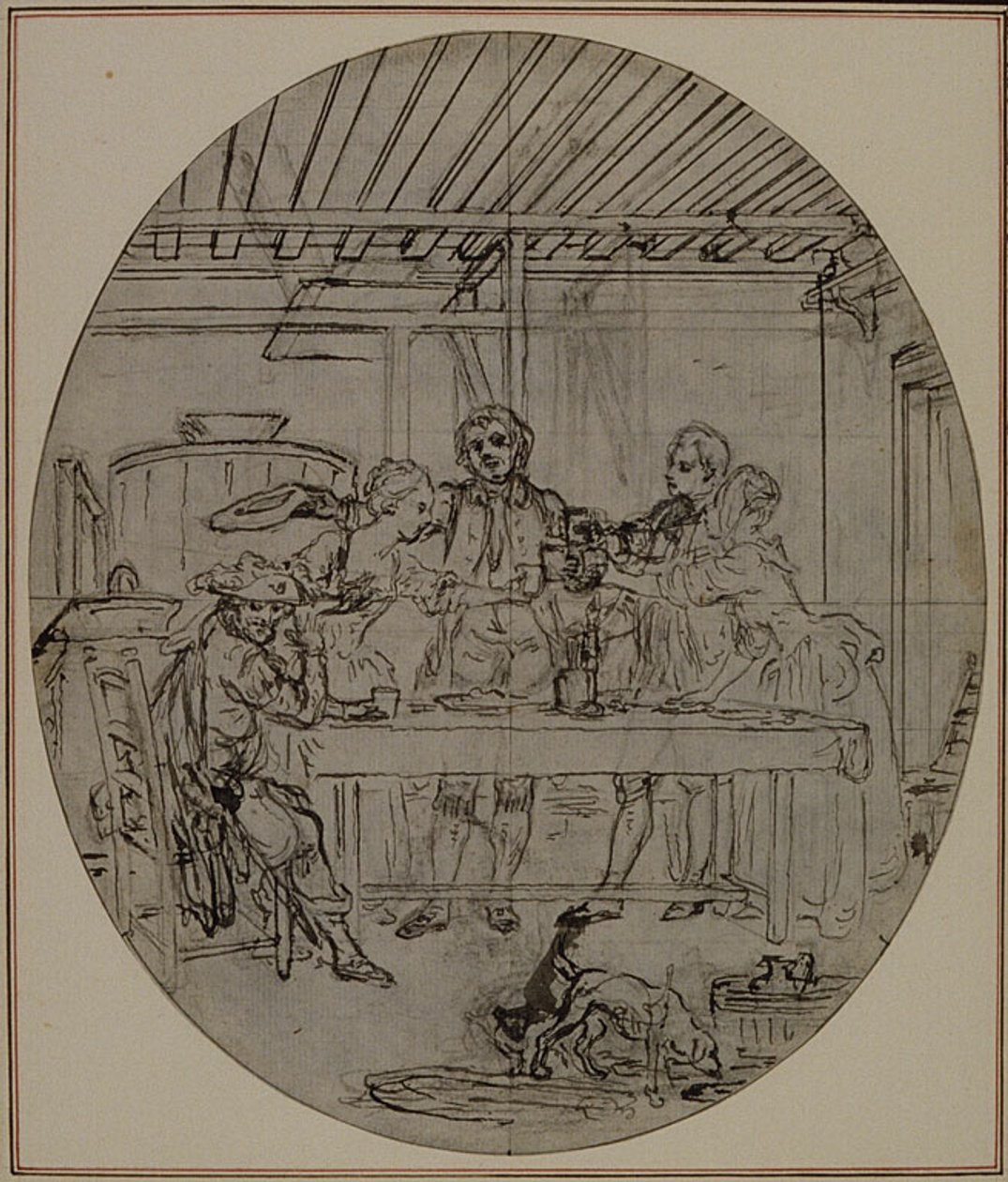 Tutkimus Collein teoksen "La Partie de Chasse de Henri IV" toista, koskaan julkaisematonta painosta varten, III näytös, kohtaus 10. tekijältä Hubert Francois Gravelot