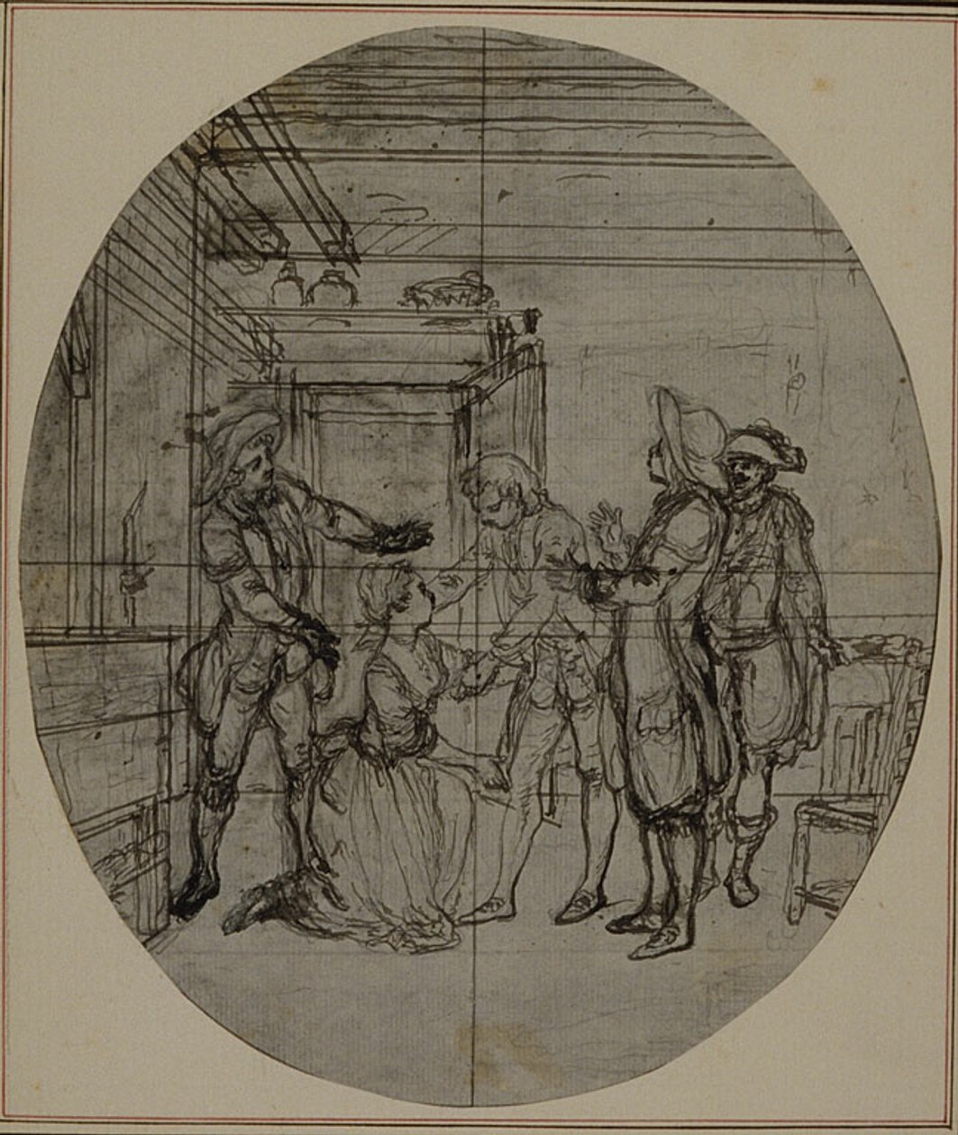 Tutkimus Collein teoksen "La Partie de Chasse de Henri IV" toista, koskaan julkaisematonta painosta varten, III näytös, kohtaus 11. tekijältä Hubert Francois Gravelot