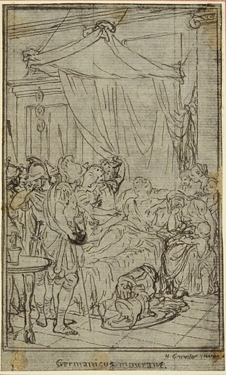 Tutkimus kuvitusta varten Tacitusin kirjassa "Tiberius, tai Kuusi ensimmäistä vuosikerran kirjaa", kirja II, osa 1. tekijältä Hubert Francois Gravelot