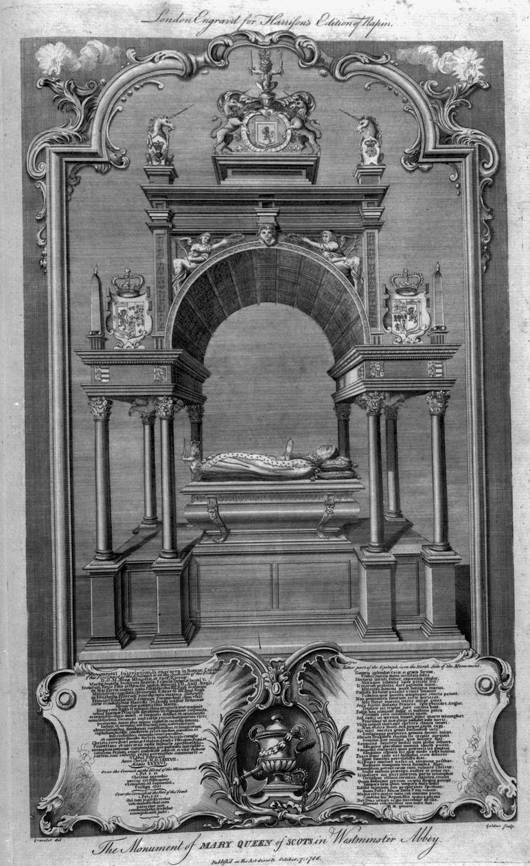 Skottien kuningattaren Marian muistomerkki Westminster Abbeyssa, kuvitus Rapinin Englannin historiasta, kaivertanut John Goldar, 1786 tekijältä Hubert Francois Gravelot