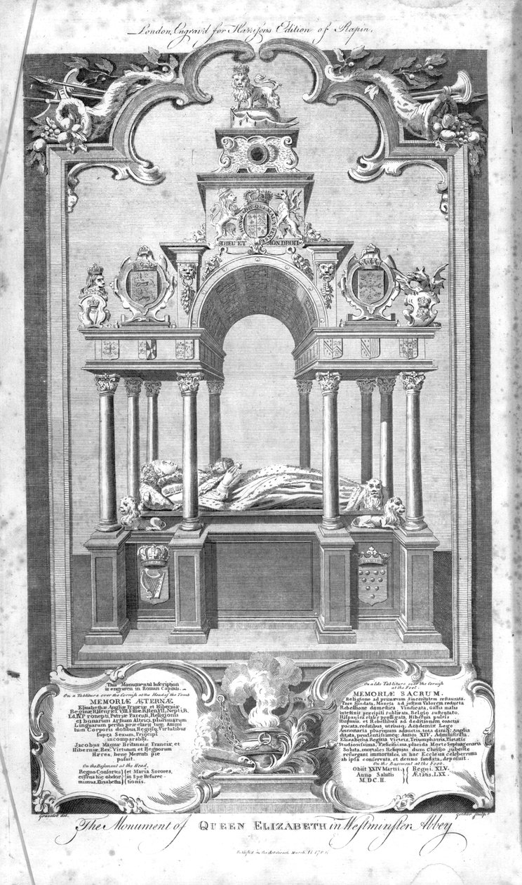 Kuningatar Elisabetin muistomerkki Westminster Abbeyssa, kuvitus Rapinin Englannin historiasta, kaivertanut John Goldar, 1786 tekijältä Hubert Francois Gravelot