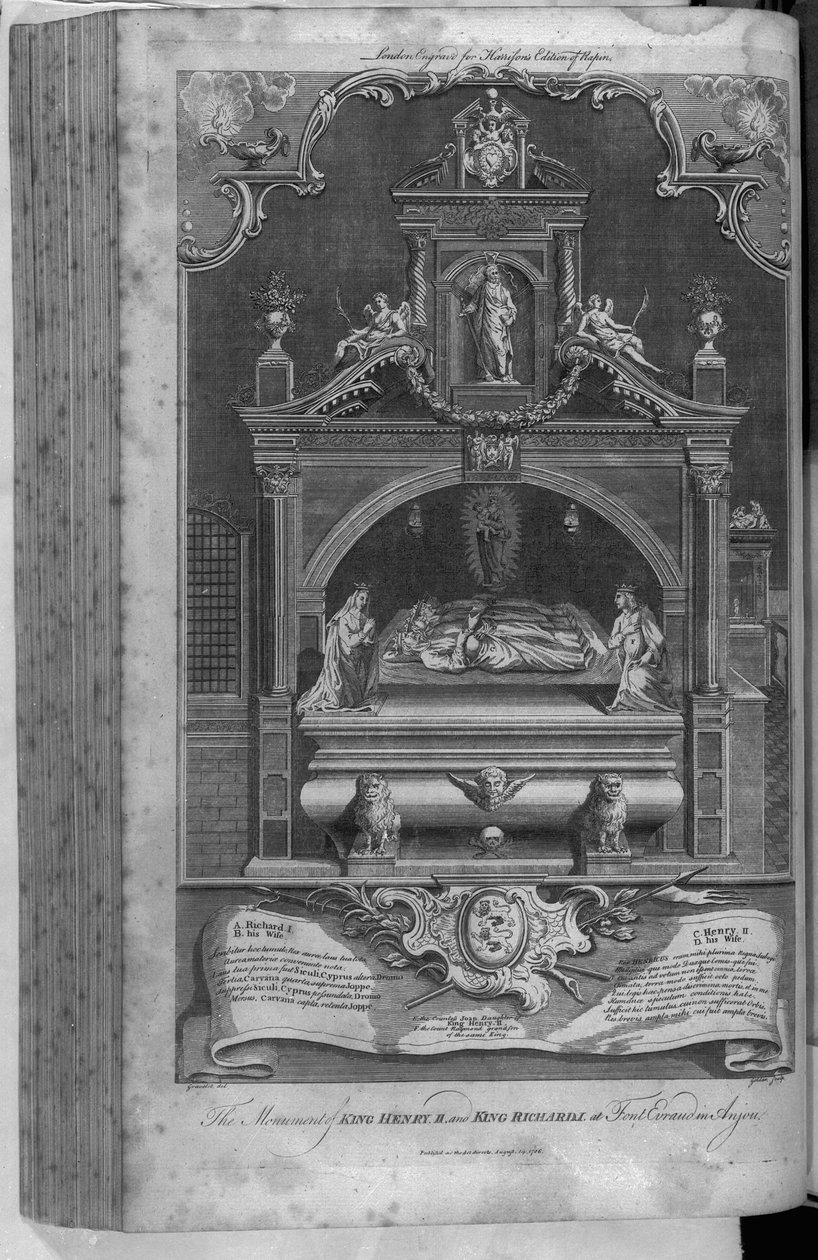 Henrik II:n ja Richard I:n muistomerkki Fontevraultin luostarissa, John Goldarin kaivertama, 1786 tekijältä Hubert Francois Gravelot