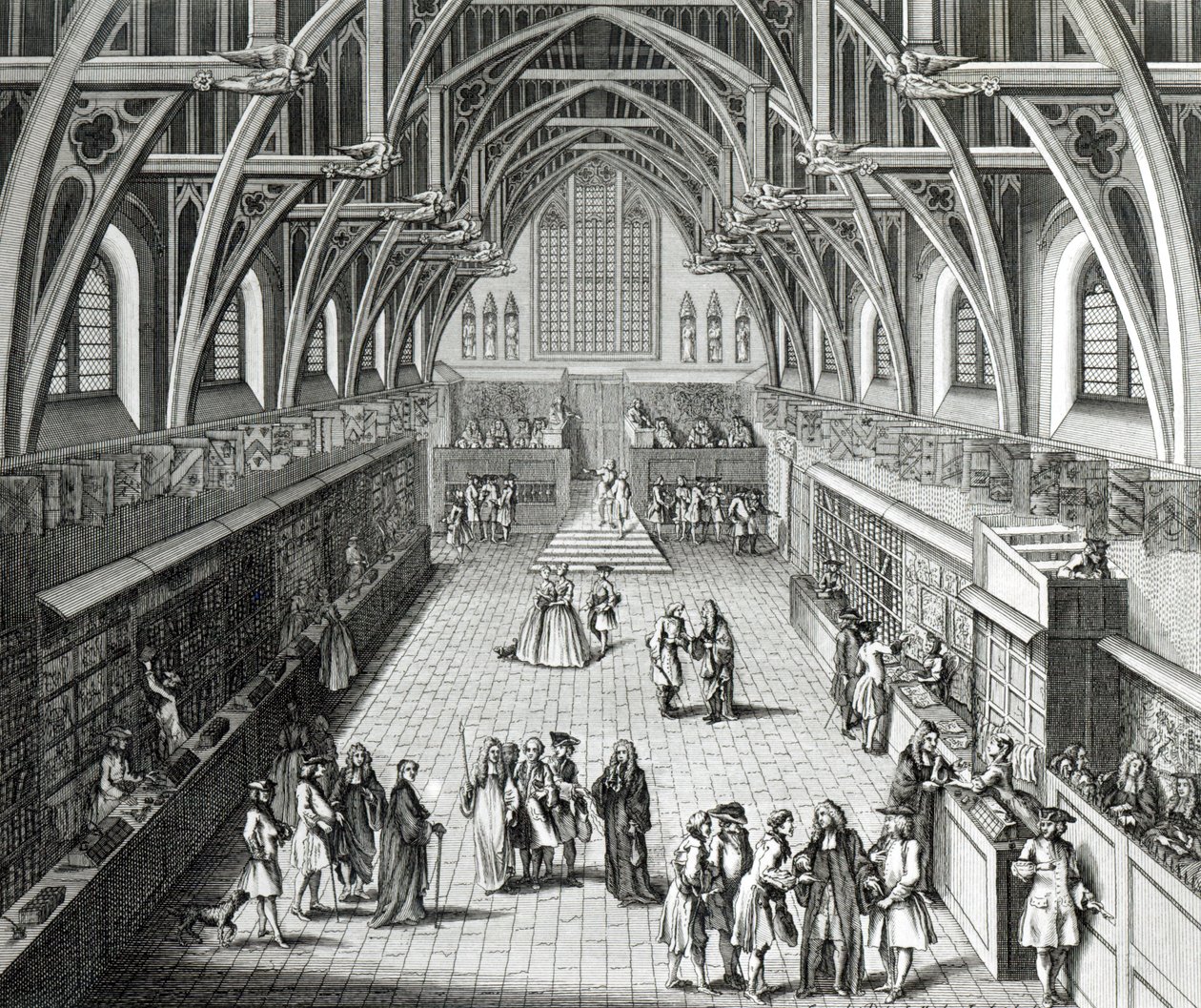 Westminster Hall, lukukausien ensimmäinen päivä, satiirinen runo, 1797 kaivertanut C. Mosley tekijältä Hubert Francois Gravelot