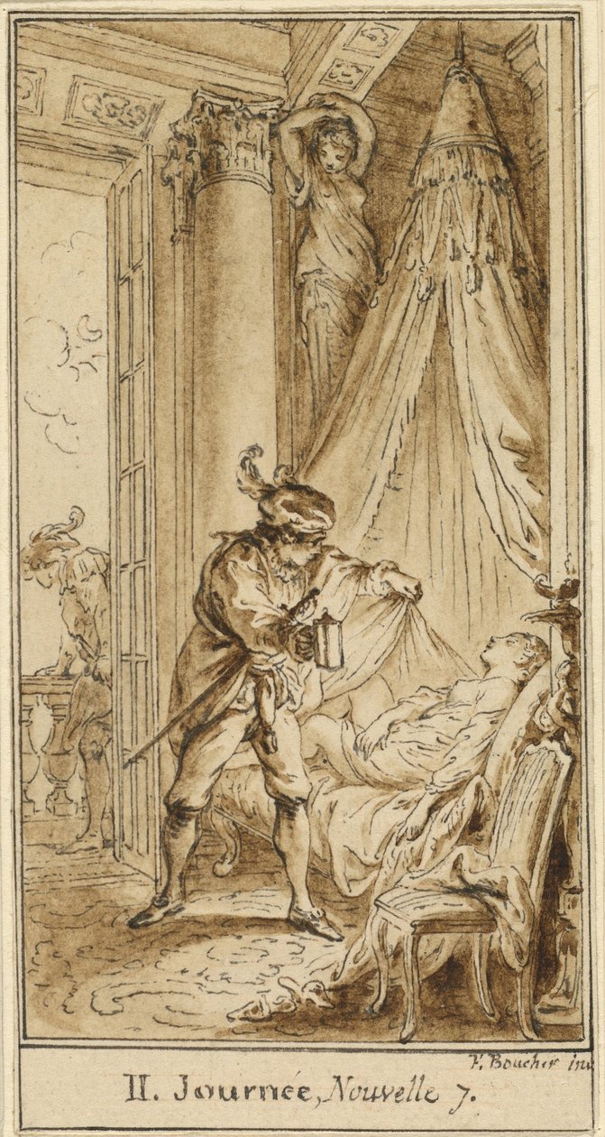 Toinen päivä, seitsemäs tarina: Ateenan herttua miettii nukkuvaa prinsessa Alatielia tekijältä Hubert François Gravelot after François Boucher