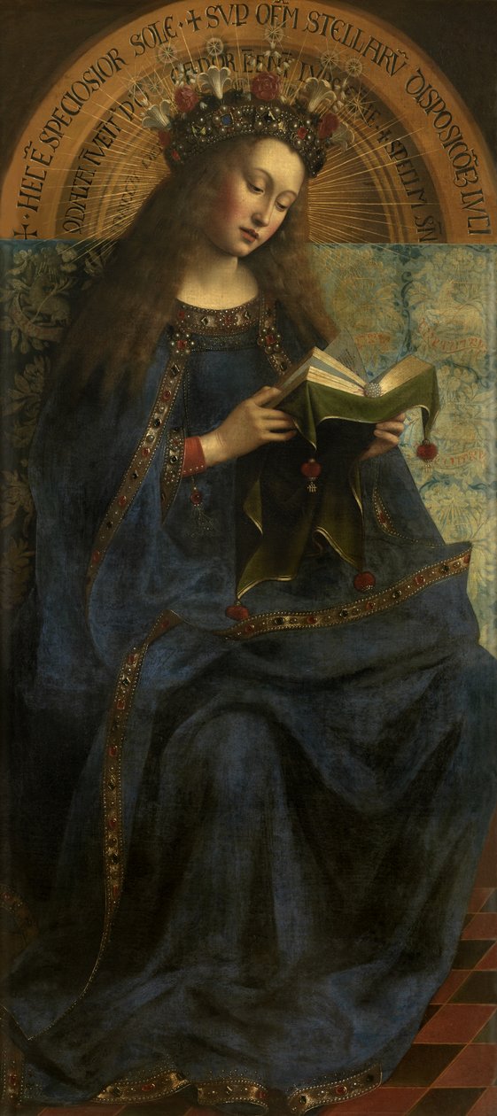 Neitsyt Maria, Gentin alttaritaulun kopiosta (avoin, keskipaneeli) vuoden 1432 jälkeen (öljy paneelille) tekijältä Hubert & Jan van (1390 1441) (after) Eyck