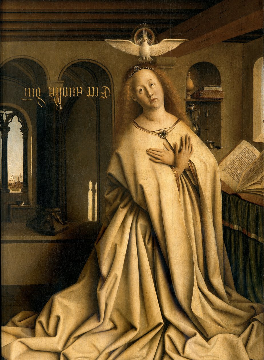 Yksityiskohta Virgin Annunciatesta Gentin alttaritaulun oikeanpuoleisen paneelin ulkopuolelta tekijältä Hubert & Jan van (1390 1441) Eyck