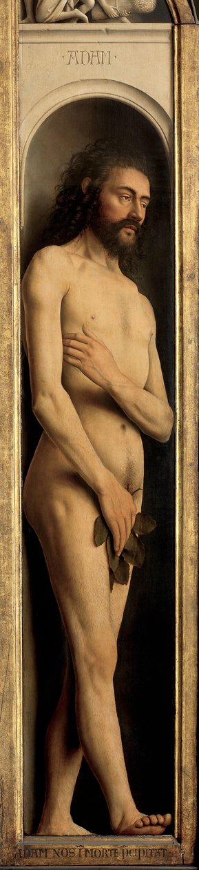 Adam, yksityiskohta Gentin alttaritaulun vasemmasta siivestä tekijältä Hubert & Jan van (1390 1441) Eyck