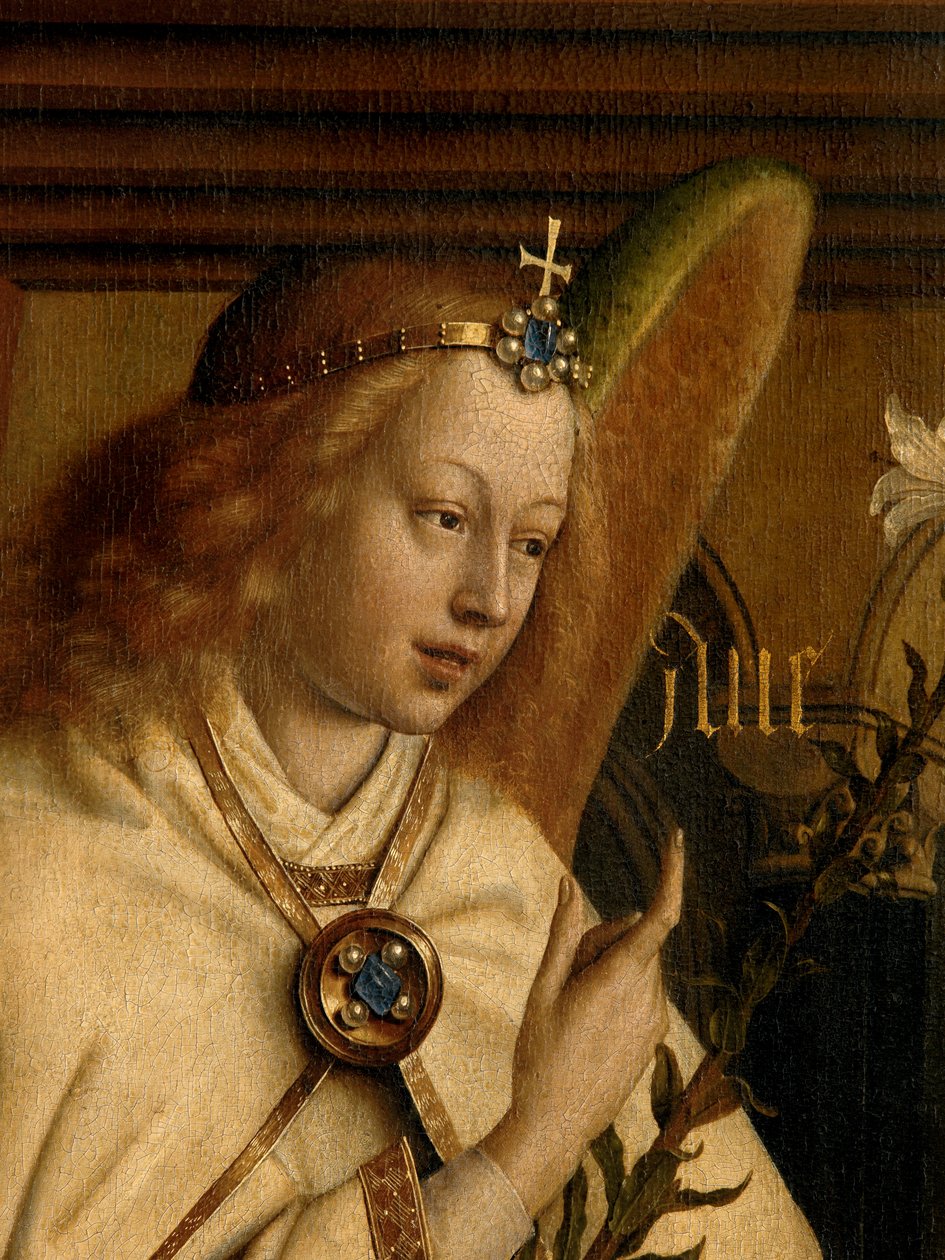 Yksityiskohta Angel Annunciatesta Gentin alttaritaulun vasemman siiven ulkopuolelta tekijältä Hubert & Jan van (1390 1441) Eyck