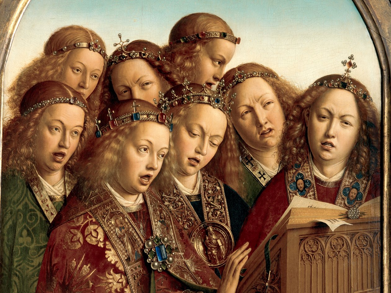 Yksityiskohta Singing Angelsista Gentin alttaritaulun vasemmasta siivestä tekijältä Hubert & Jan van (1390 1441) Eyck