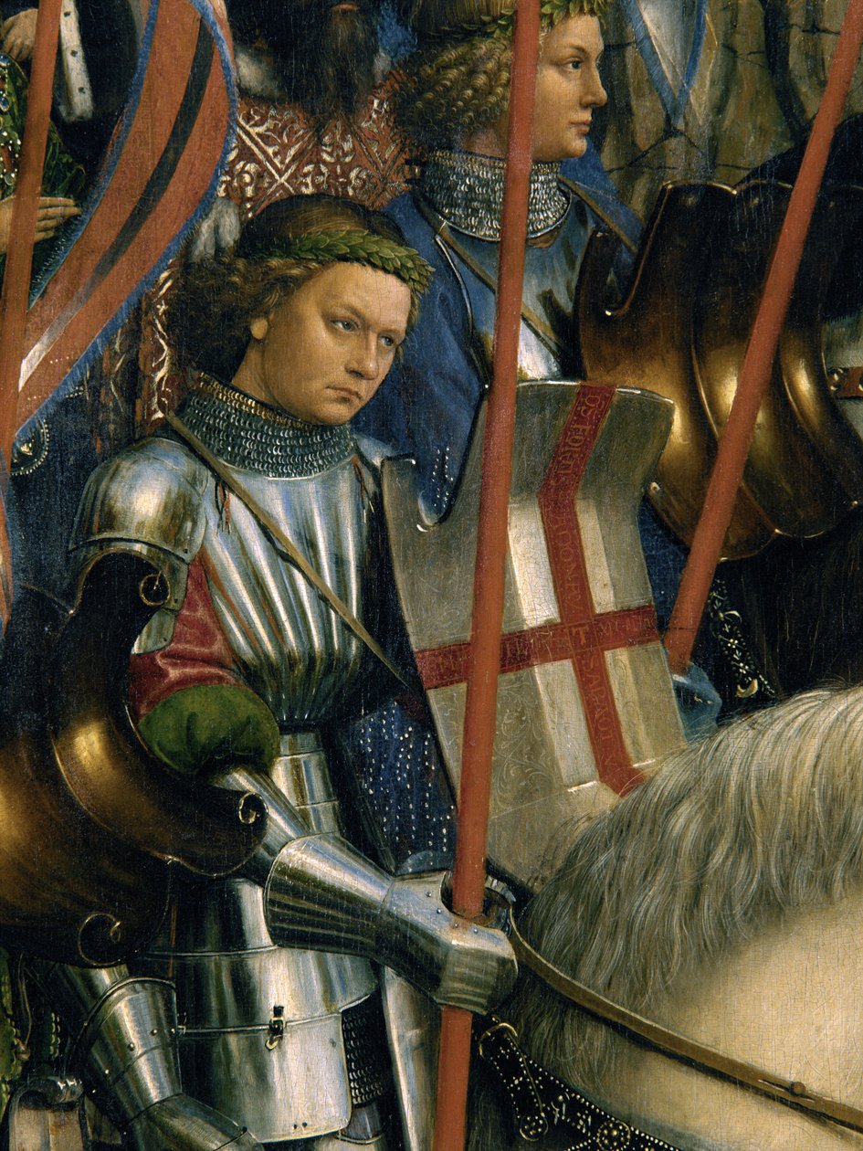 Yksityiskohta Pyhästä Yrjöstä, Kristuksen ritareista, Gentin alttaritaulun vasemmalta puolelta tekijältä Hubert & Jan van (1390 1441) Eyck