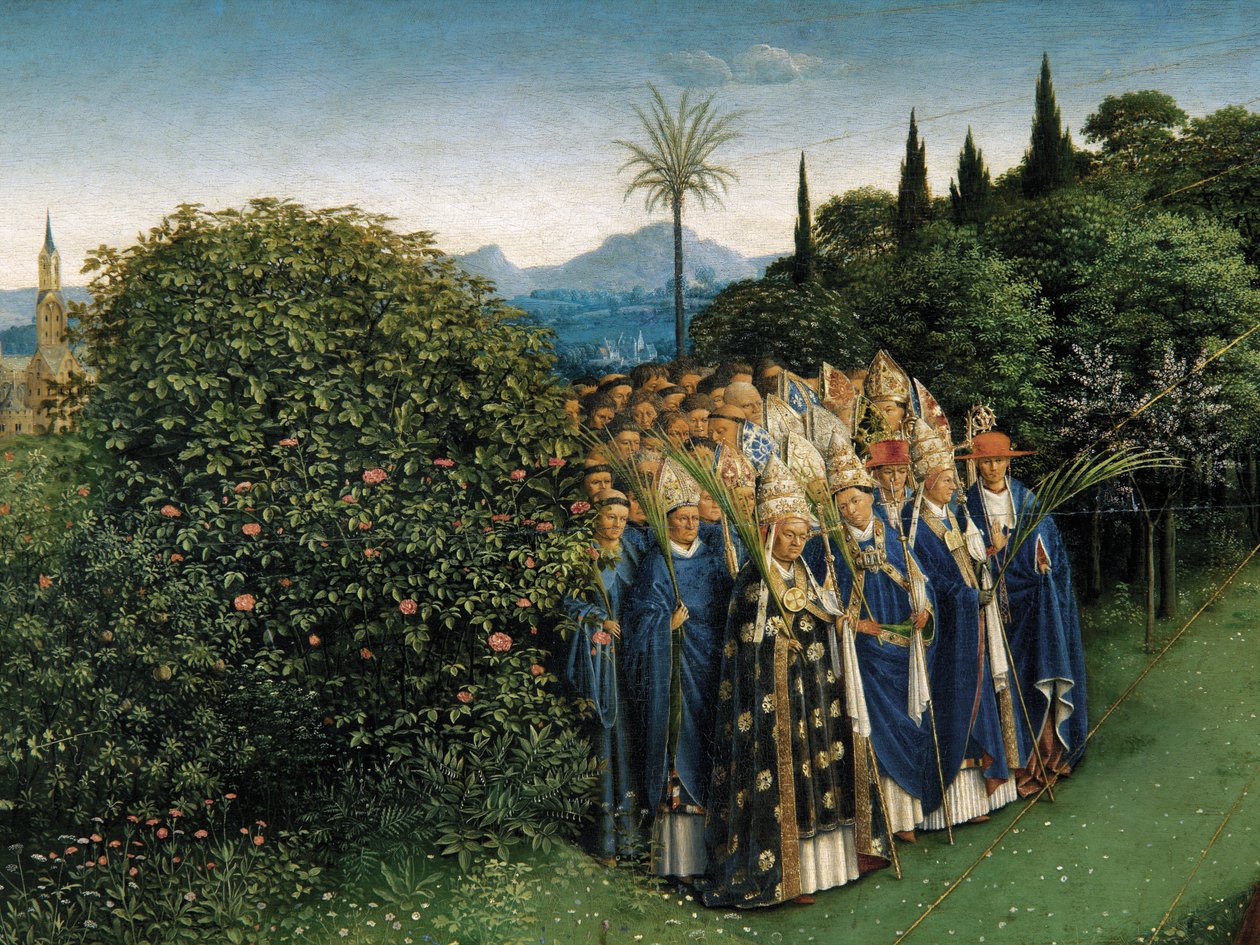 Detaliu al Adorării Mielului Mistic, din panoul central al Retarului din Gent (ulei pe panou) finlandez tekijältä Hubert & Jan van (1390 1441) Eyck
