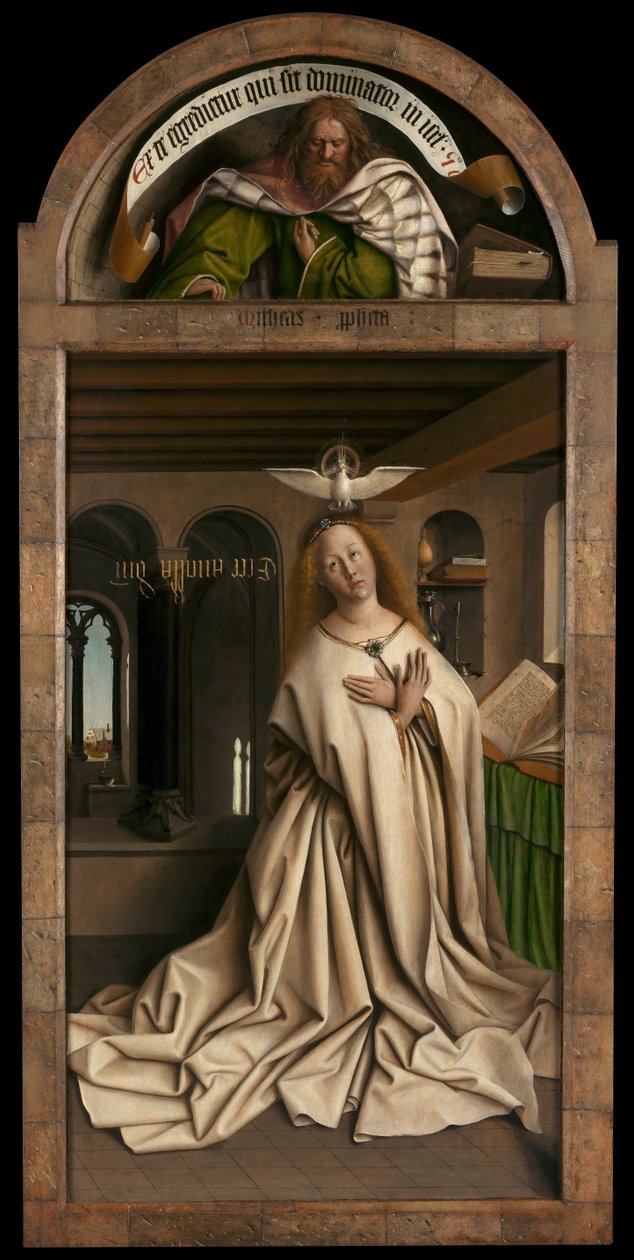 Lunette: Profeetta Miika. Alapaneeli: Virgin Annunciate, Gentin alttaritaulun oikeanpuoleisen paneelin ulkopuolelta tekijältä Hubert & Jan van (1390 1441) Eyck