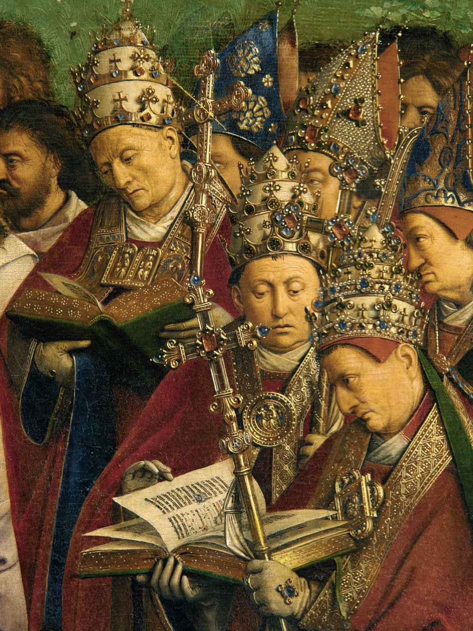 Mystisen karitsan palvonta, Gentin alttaritaulusta, yksityiskohta keskipaneelin alaosasta tekijältä Hubert & Jan van (1390 1441) Eyck