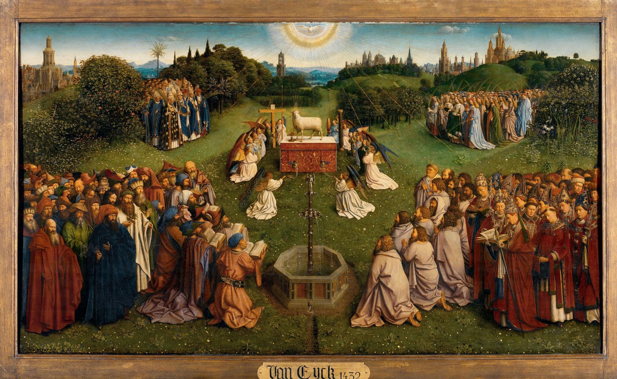 A Adoração do Cordeiro Místico, do Retábulo de Ghent, metade inferior do painel central finlandês tekijältä Hubert & Jan van (1390 1441) Eyck