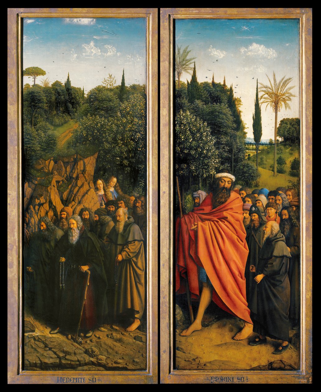 Erakot ja pyhiinvaeltajat St. Christopherin ohjaamana Gentin alttaritaulun oikealta puolelta tekijältä Hubert & Jan van (1390 1441) Eyck