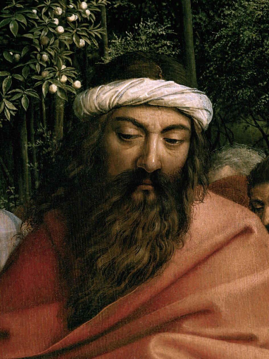 Os peregrinos guiados por São Cristóvão, detalhe de São Cristóvão, do lado direito do Retábulo de Ghent Finlandês tekijältä Hubert & Jan van (1390 1441) Eyck