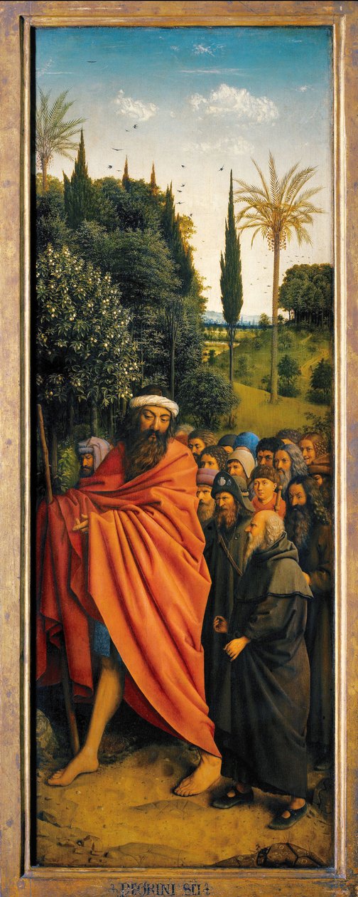 Pyhiinvaeltajat St. Christopherin ohjaamana Gentin alttaritaulun oikealta puolelta tekijältä Hubert & Jan van (1390 1441) Eyck