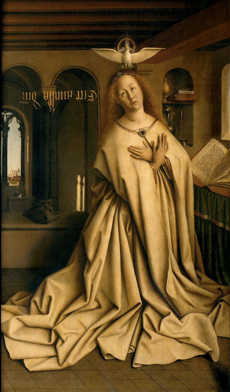 Virgin Annunciate, Gentin alttaritaulun oikeanpuoleisen paneelin ulkopuolelta tekijältä Hubert & Jan van (1390 1441) Eyck