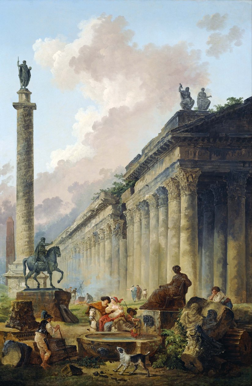 Kuvitteellinen roomalainen maisema, jossa on Marcus Aureliuksen ratsastajapatsas, Trajanuksen muistopylväs ja temppeli. tekijältä Hubert Robert
