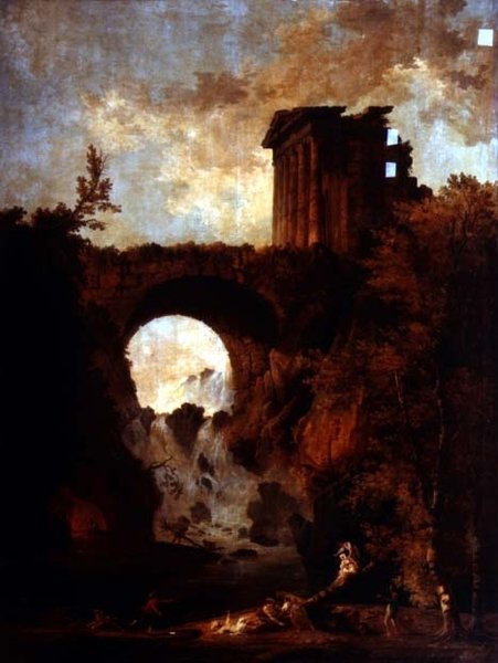 Capriccio tuhoutuneesta temppelistä kaskadin ylittävän sillan varrella ja keinujuhla tekijältä Hubert Robert