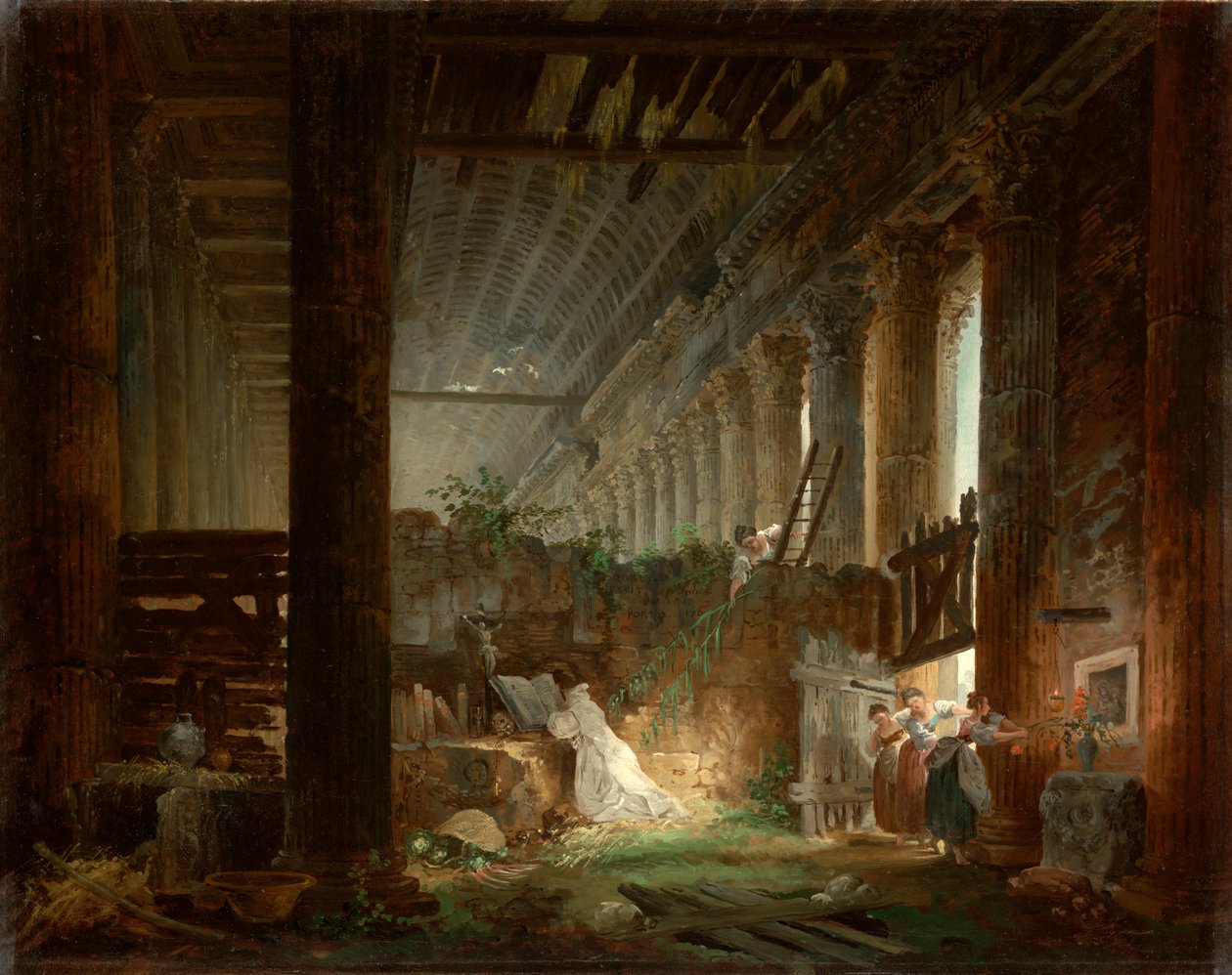 Erakko rukoilemassa roomalaisen temppelin raunioissa. n. 1760 (öljy kankaalle) tekijältä Hubert Robert
