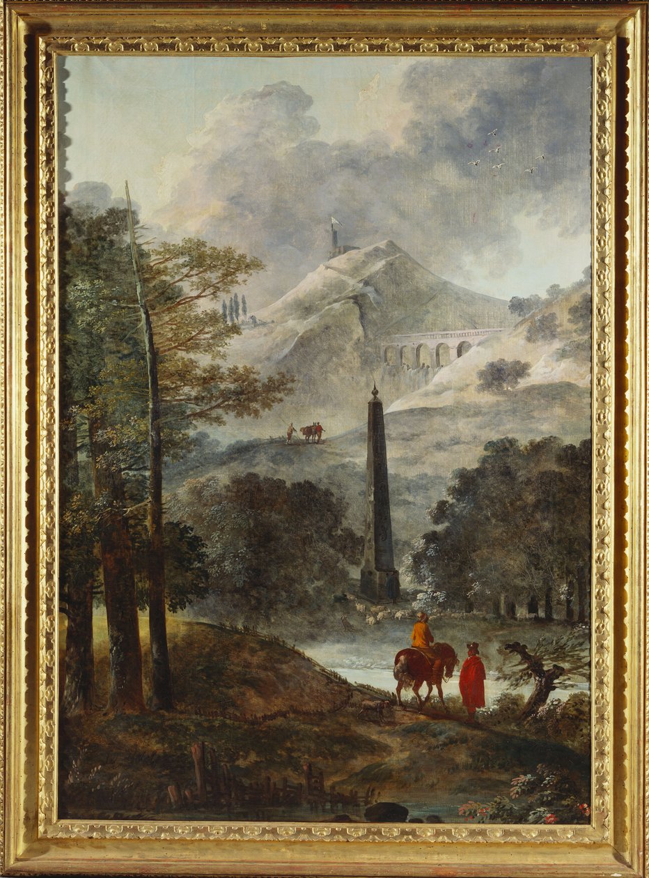 Vuoristoinen maisema obeliskillä tekijältä Hubert Robert
